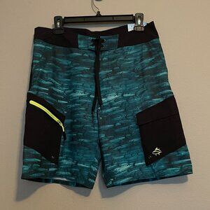 Loco Skailz, Size 32, Mens Swim Trunks, With Swarm Fish Pattern, Blue and Black